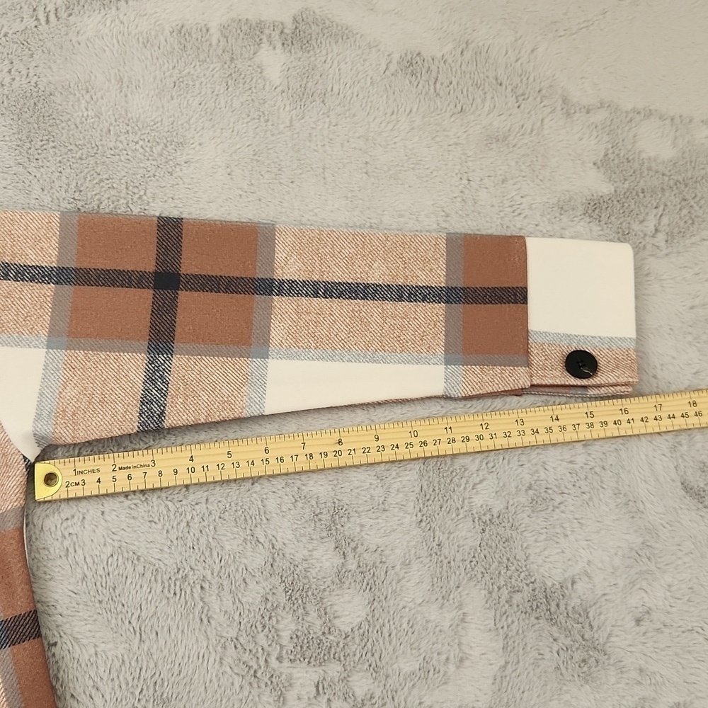 Women's Plaid Shacket Shirt Jacket Tan Cream Button Front Overshirt Lightweight - Picture 13 of 15